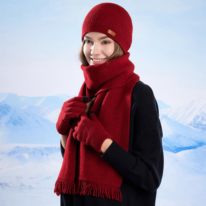 Conjunto de 3 gorros, bufandas y guantes de punto de color liso - image 21