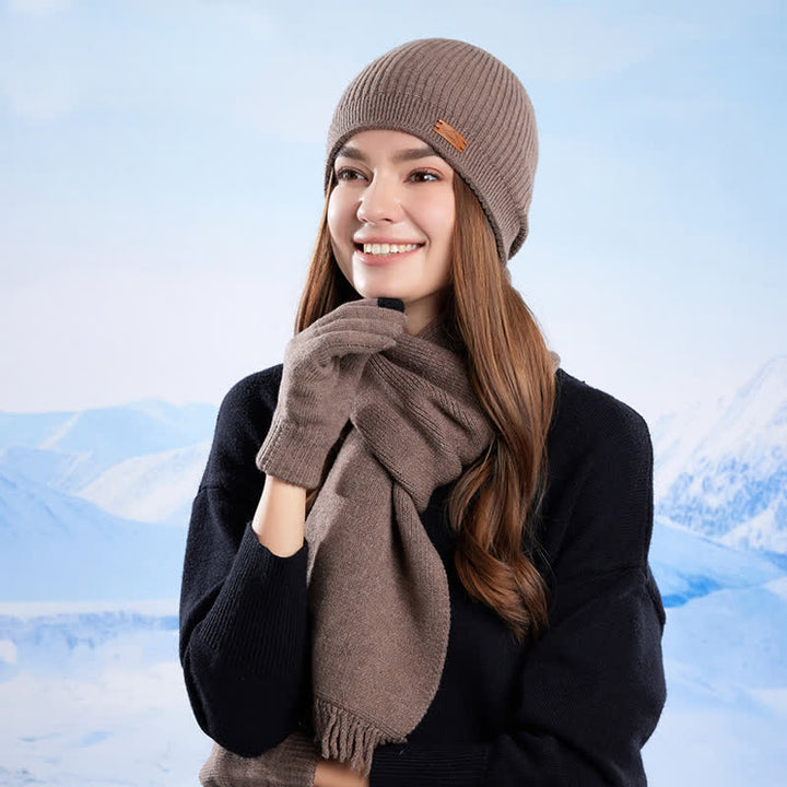 Conjunto de 3 gorros, bufandas y guantes de punto de color liso - image 12