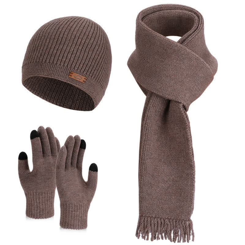 Conjunto de 3 gorros, bufandas y guantes de punto de color liso - Café - Ajustable (21 5/8"-23 5/8") - image 11