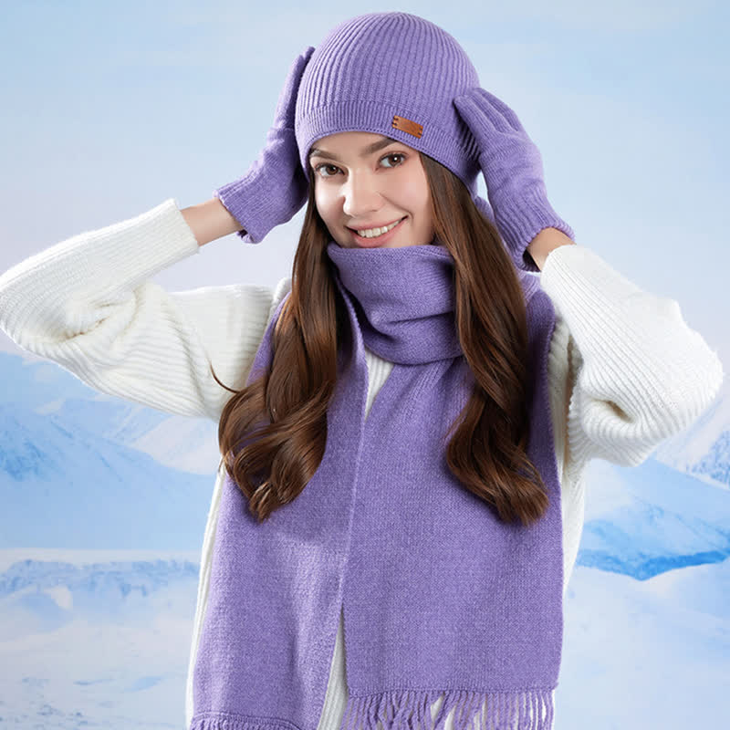 Conjunto de 3 gorros, bufandas y guantes de punto de color liso - image 14