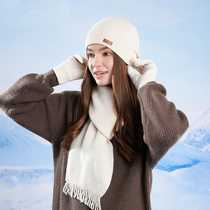 Conjunto de 3 gorros, bufandas y guantes de punto de color liso - image 1