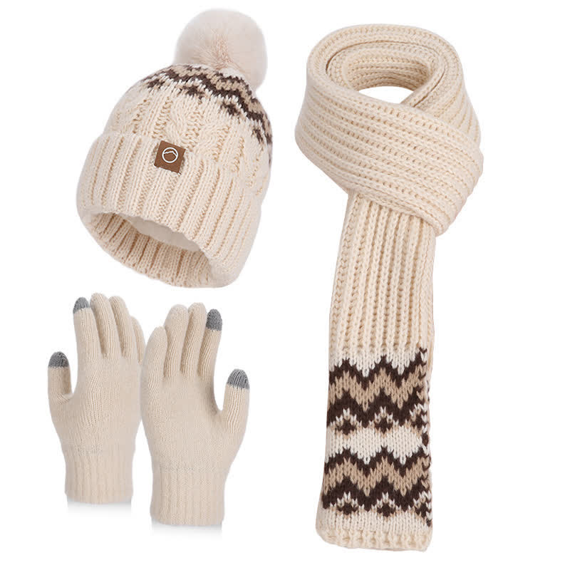 Conjunto de 3 guantes, bufanda y gorro con pompón con diseño de ondas encantador - Beige - Ajustable (21 5/8"-23 5/8") - image 0