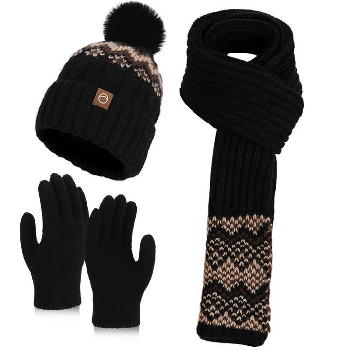 Conjunto de 3 guantes, bufanda y gorro con pompón con diseño de ondas encantador - Negro - Ajustable (21 5/8"-23 5/8") - image 5
