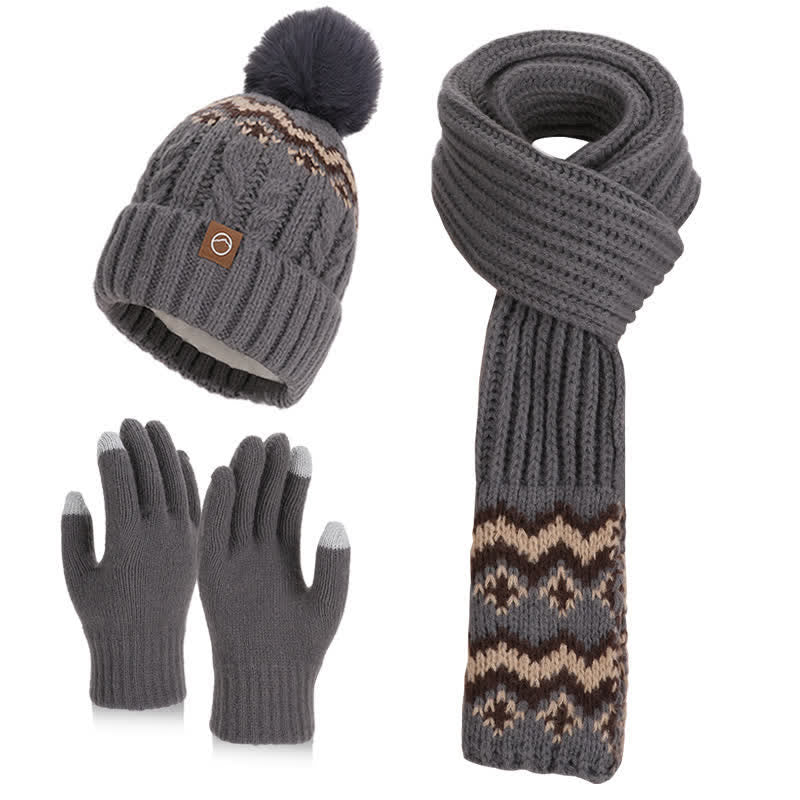 Conjunto de 3 guantes, bufanda y gorro con pompón con diseño de ondas encantador - Gris - Ajustable (21 5/8"-23 5/8") - image 6