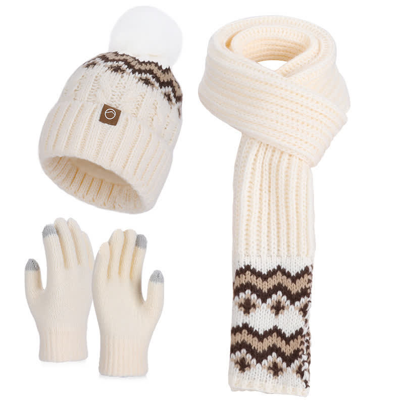 Conjunto de 3 guantes, bufanda y gorro con pompón con diseño de ondas encantador - Marfil - Ajustable (21 5/8"-23 5/8") - image 3