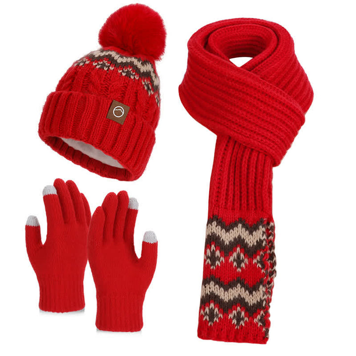 Conjunto de 3 guantes, bufanda y gorro con pompón con diseño de ondas encantador - Rojo - Ajustable (21 5/8"-23 5/8") - image 7