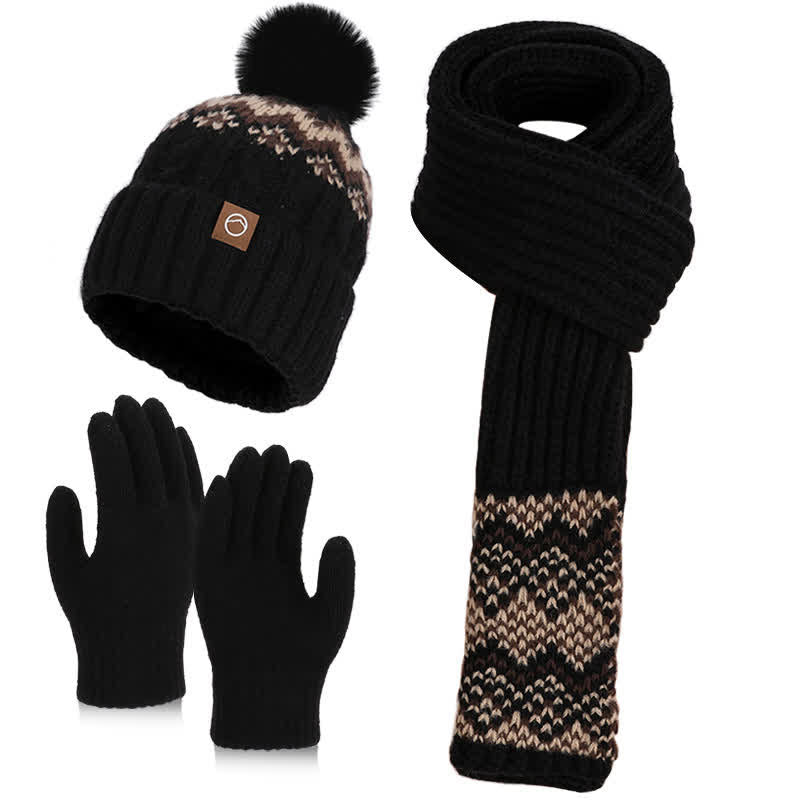 Conjunto de 3 guantes, bufanda y gorro con pompón con diseño de ondas encantador - Negro - Ajustable (21 5/8"-23 5/8") - image 5