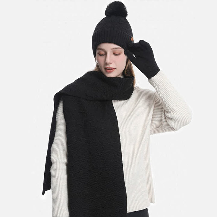 Conjunto de 3 guantes y bufanda con pompones esponjosos de color sólido - image 8