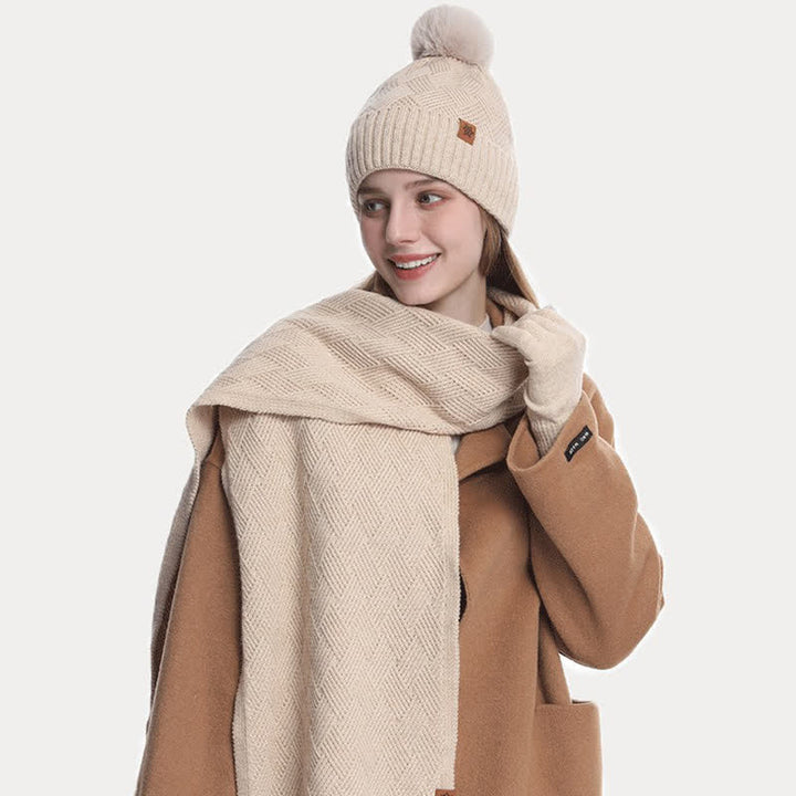 Conjunto de 3 guantes y bufanda con pompones esponjosos de color sólido - image 1