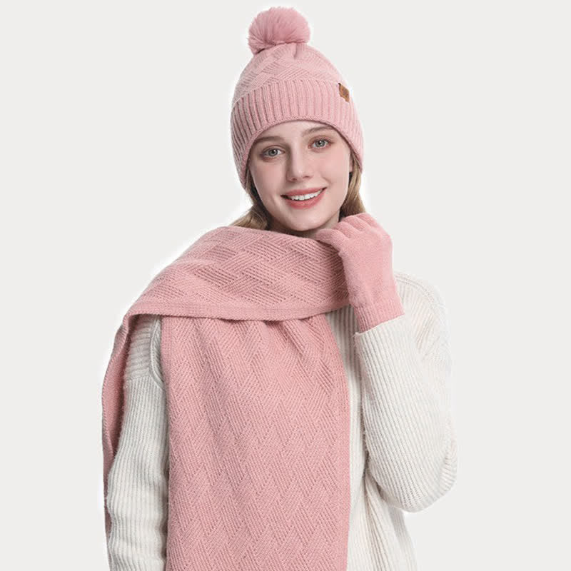 Conjunto de 3 guantes y bufanda con pompones esponjosos de color sólido - image 6