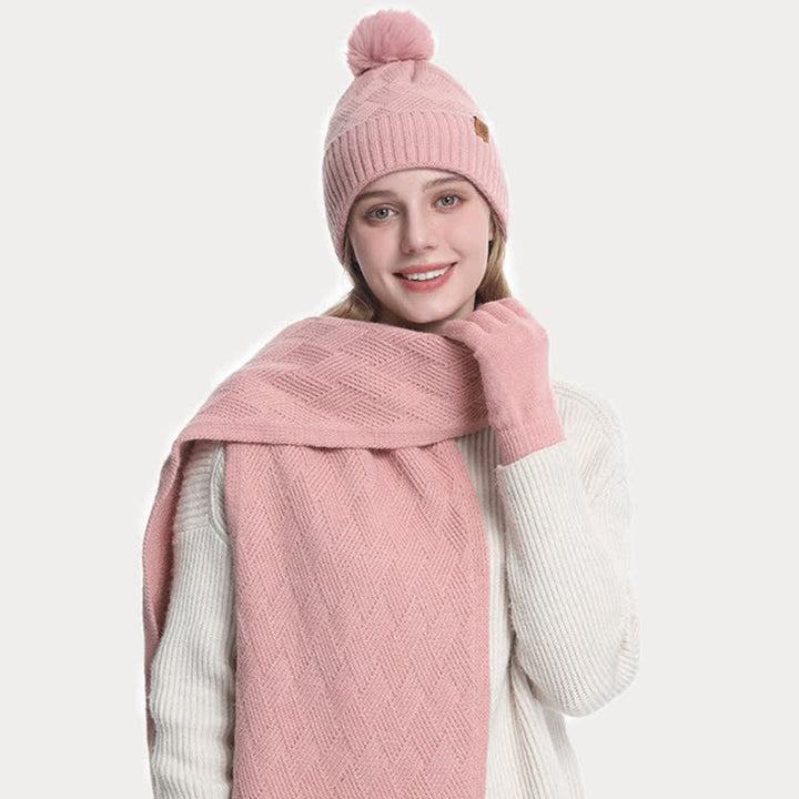 Conjunto de 3 guantes y bufanda con pompones esponjosos de color sólido - image 6