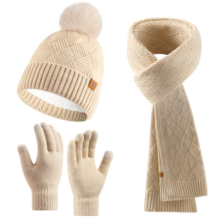 Conjunto de 3 guantes y bufanda con pompones esponjosos de color sólido - Beige - Ajustable (21 1/4"-22 7/8") - image 0
