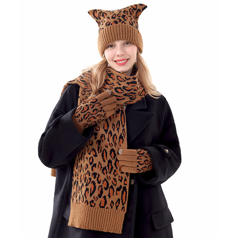 Conjunto de 3 guantes y bufanda con orejas de gato y estampado de leopardo - image 1