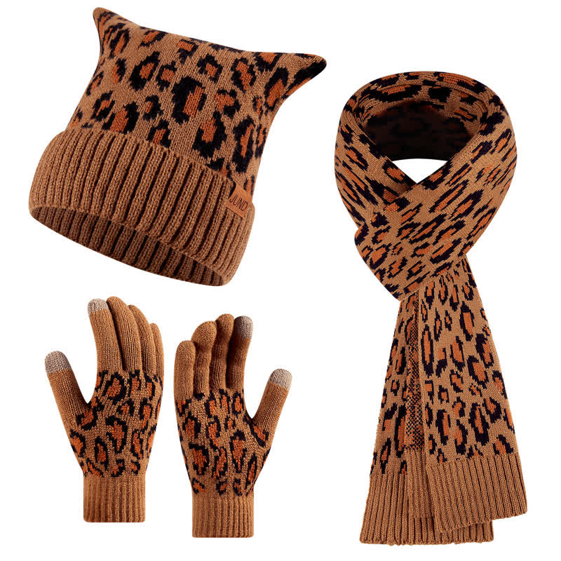 Conjunto de 3 guantes y bufanda con orejas de gato y estampado de leopardo - Café - Ajustable (21 1/4"-22 7/8") - image 0