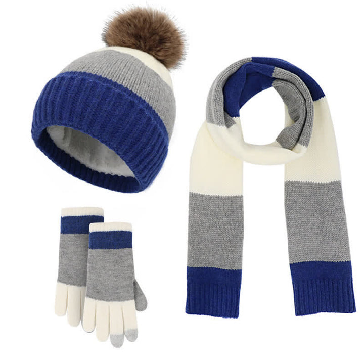Conjunto de 3 piezas de gorro, bufanda y guantes cálidos con bloques de tres colores - Azul - Ajustable (21 1/4"-22 7/8") - image 0