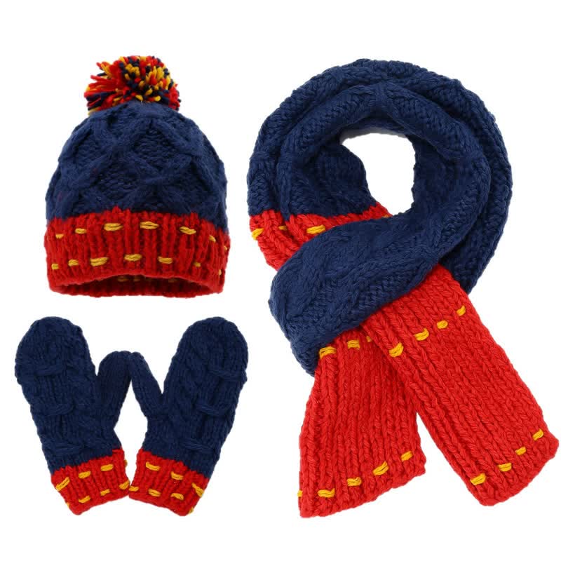 Conjunto de 3 piezas de gorro, bufanda y guantes con diseño de líneas modernas y bloques de color - Azul y rojo - Ajustable (21 1/4"-22 7/8") - image 0