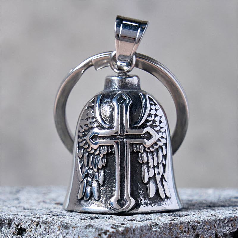 Llavero de campana con cruz vikinga y alas de plata - Llavero - image 0