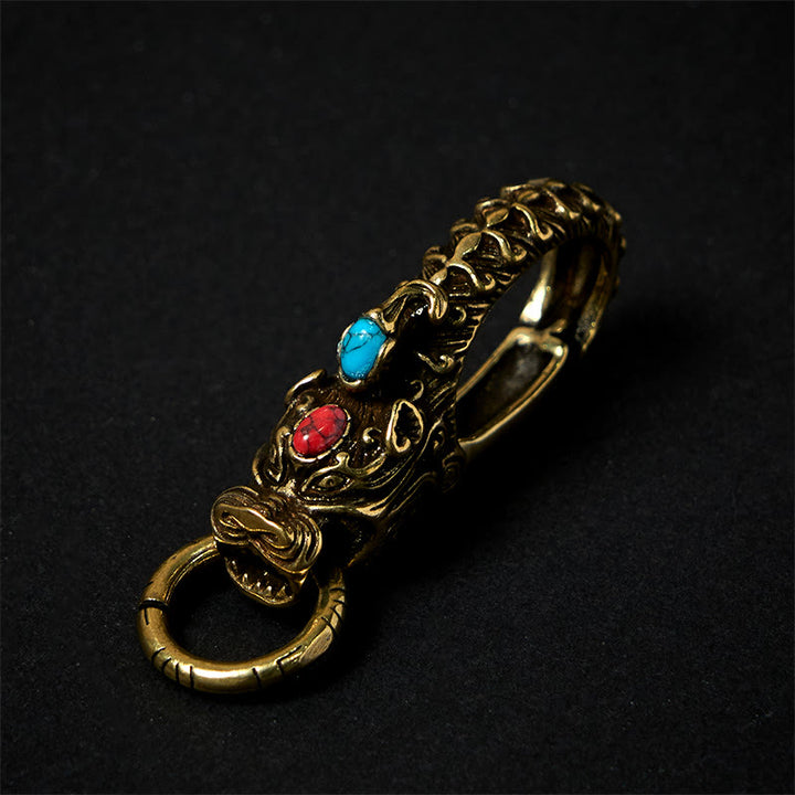 Llavero de latón con mosquetón y cabeza de dragón intrincado - Latón antiguo - image 0