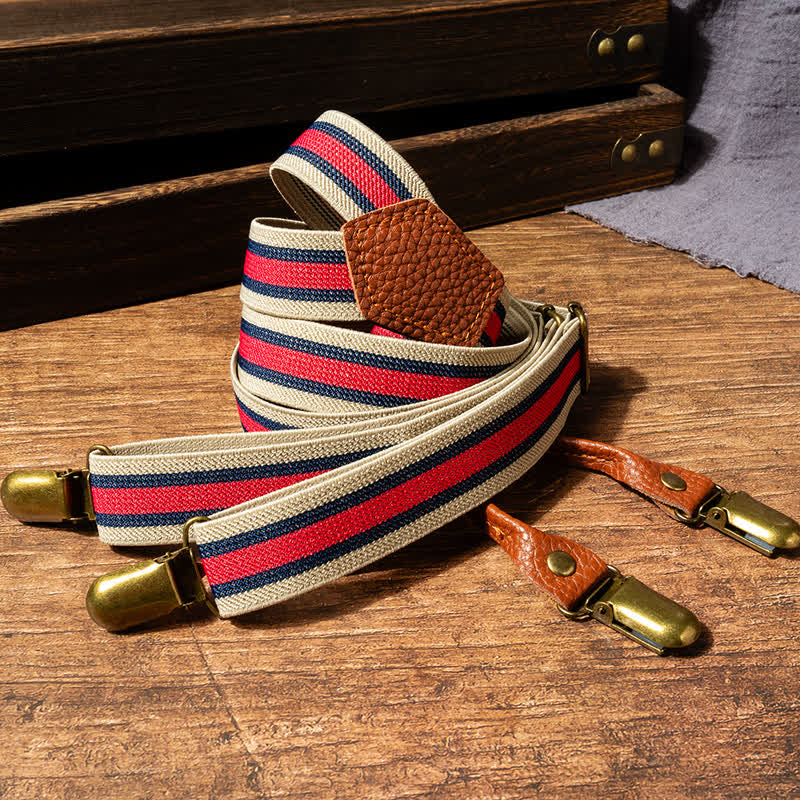 Tirantes elásticos en forma de Y a rayas rojas y beige - image 2