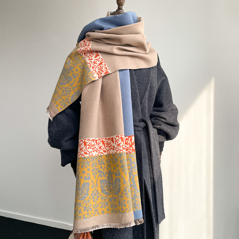 Bufanda cálida con estampado de hojas y flores estilo patchwork - Azul - image 3