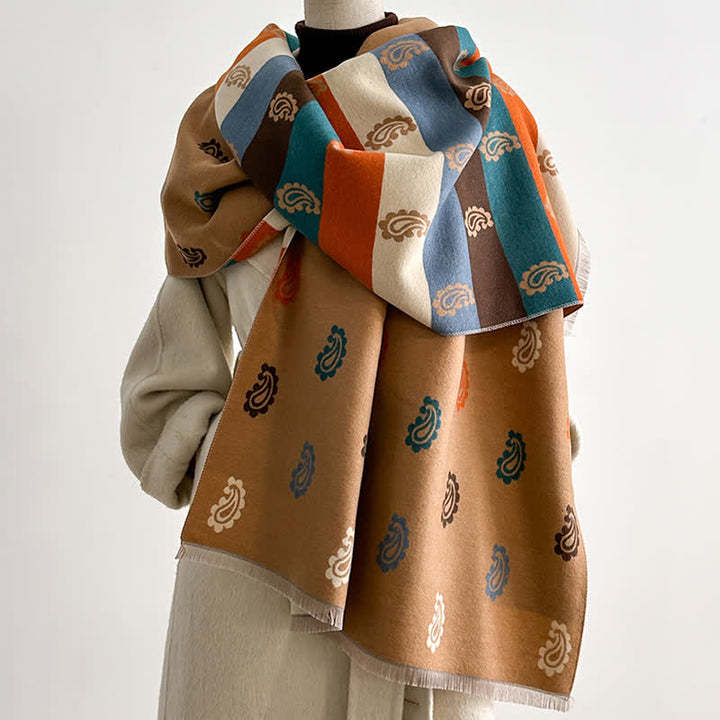 Bufanda cálida de invierno con estampado paisley colorido y rayas llamativas - Beige - image 0