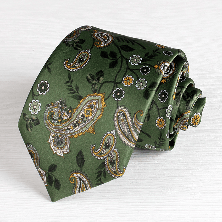 Corbata de mano para hombre con estampado vintage de anacardos y flores - Verde - image 1