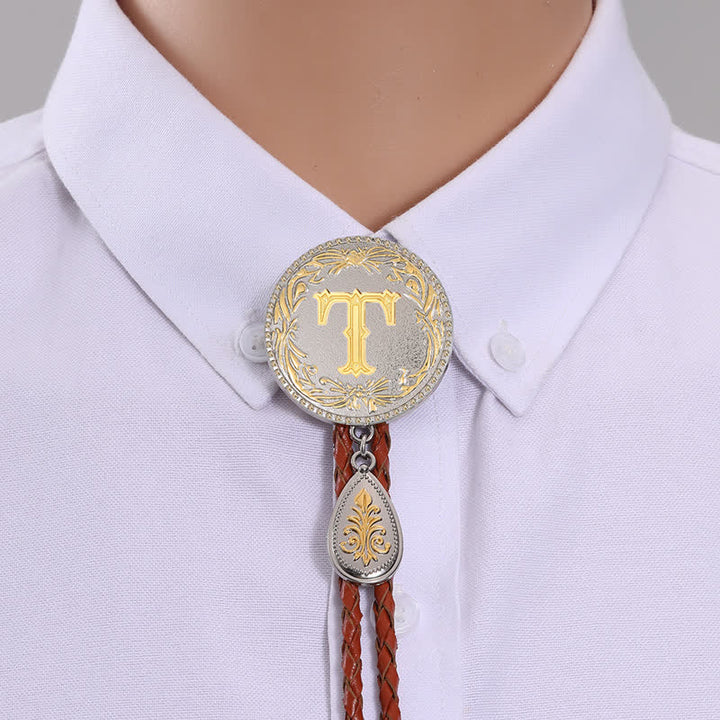Corbata bolo de cuero marrón con inicial y colgante en forma de lágrima - Oro - T - image 22