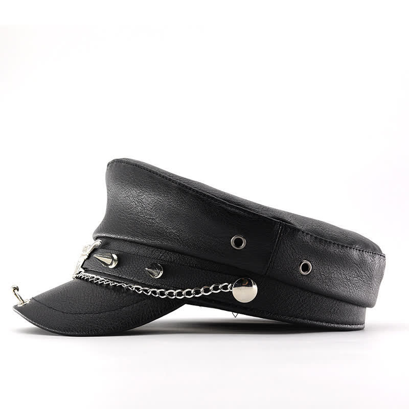 Boina de cuero negro con remaches Longhorn y cadena - image 3