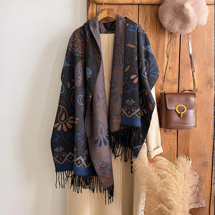 Chal de invierno cálido para mujer, estilo bohemio, con borlas estampadas. - image 1