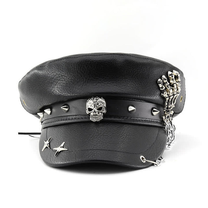 Boina de cuero con cadena de mano y calavera estilo punk - image 1