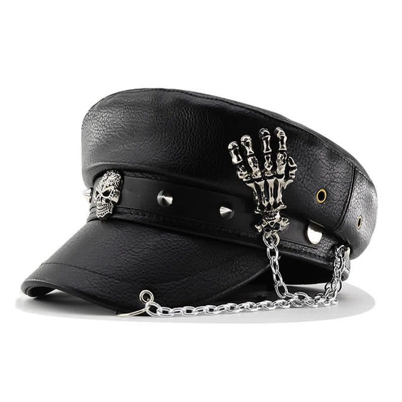 Boina de cuero con cadena de mano y calavera estilo punk - Negro - M (22"-22 7/8") - image 0