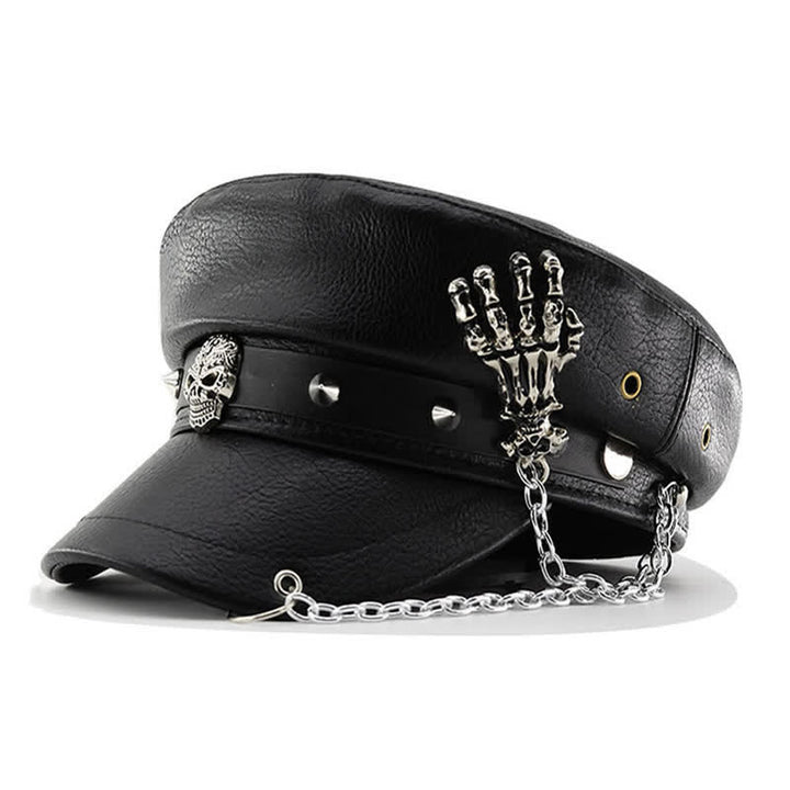 Boina de cuero con cadena de mano y calavera estilo punk - Negro - M (22"-22 7/8") - image 0