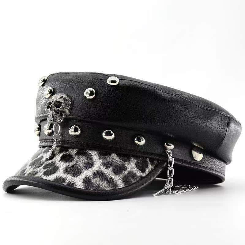 Boina de cuero con ala ancha y estampado de leopardo y calavera, inspirada en el punk - Negro - M (22"-22 7/8") - image 0