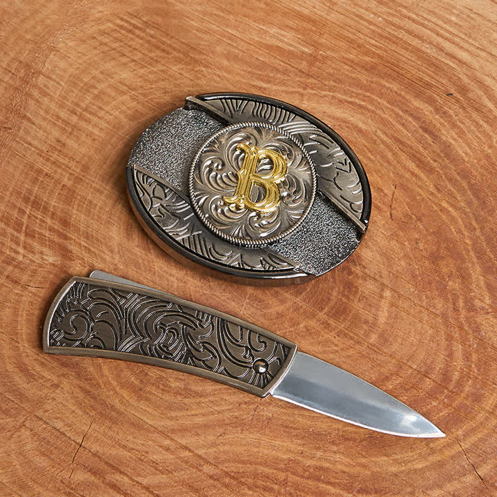 Cinturón de cuero con hebilla de cuchillo oculta con inicial bicolor (DIY). - image 1