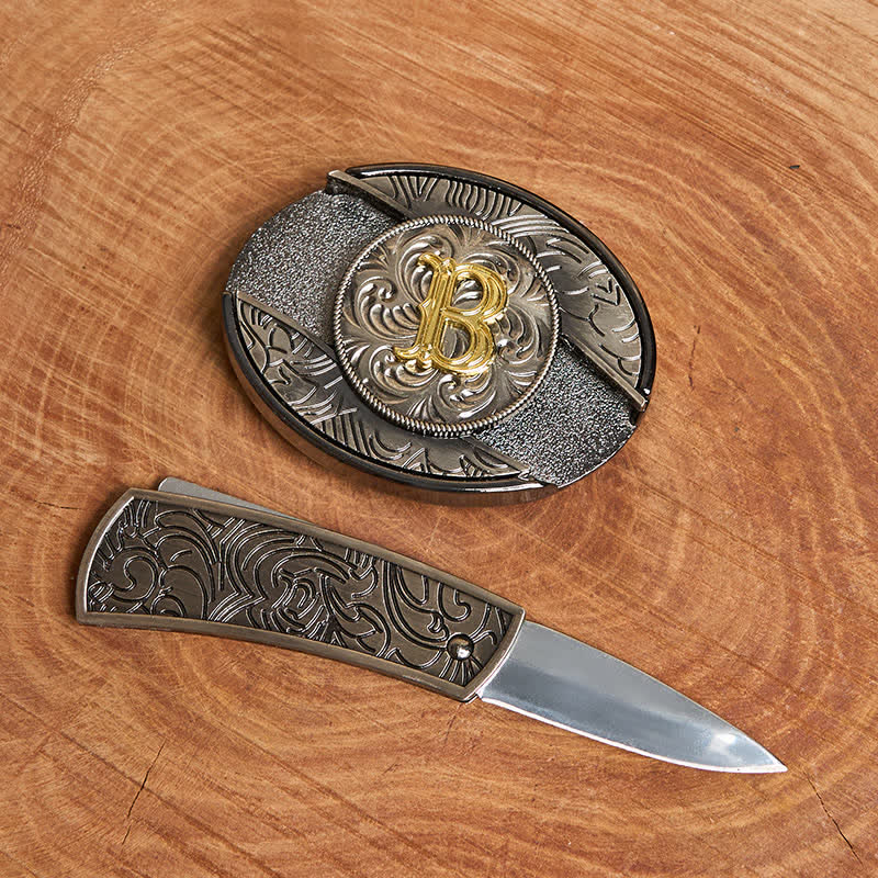 Cinturón de cuero con hebilla de cuchillo oculta con inicial bicolor (DIY). - image 1