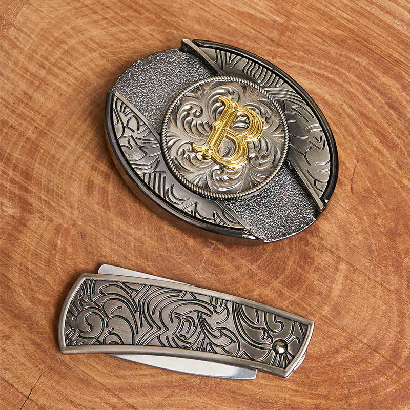 Cinturón de cuero con hebilla de cuchillo oculta con inicial bicolor (DIY). - image 2