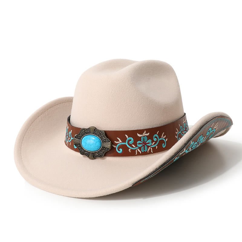 Sombrero vaquero turquesa para hombre con parche bordado y cinturón de ala - Beige - M (22"-22 7/8") - image 1