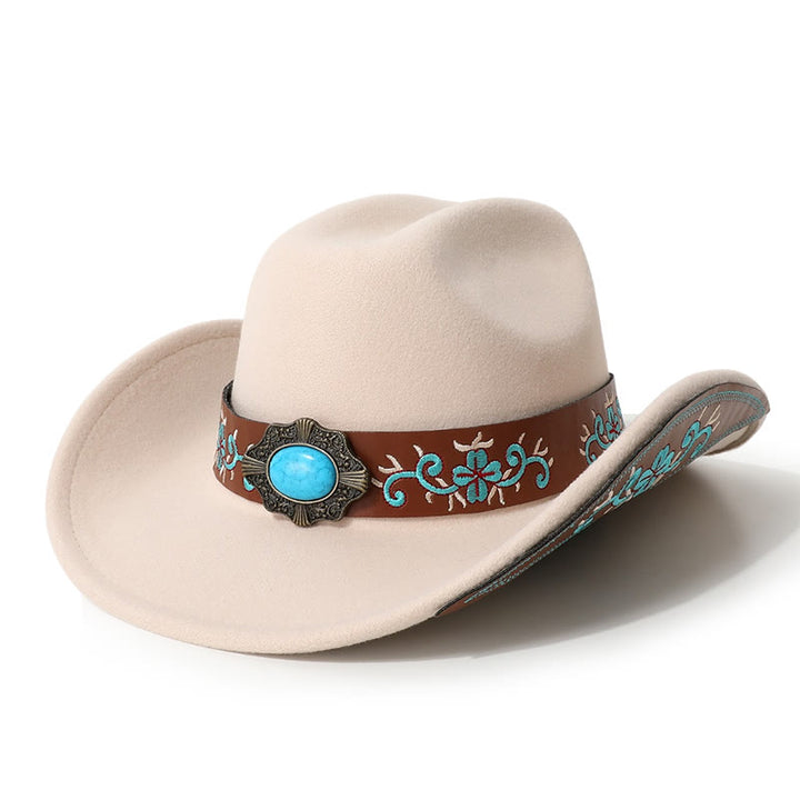 Sombrero vaquero turquesa para hombre con parche bordado y cinturón de ala - Beige - M (22"-22 7/8") - image 1