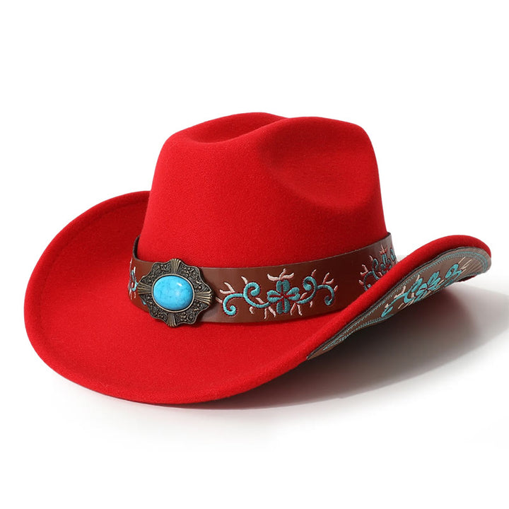 Sombrero vaquero turquesa para hombre con parche bordado y cinturón de ala - Rojo - M (22"-22 7/8") - image 9