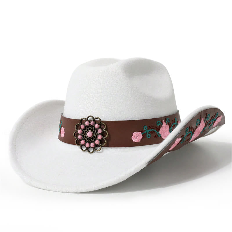 Sombrero vaquero para hombre con bordado de rosas y cinturón de ala - Blanco - M (22"-22 7/8") - image 0