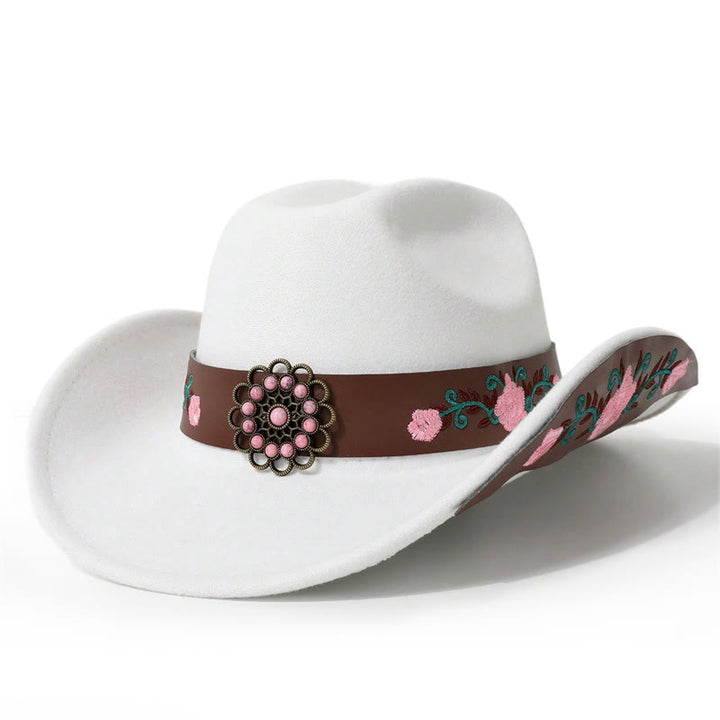 Sombrero vaquero para hombre con bordado de rosas y cinturón de ala - Blanco - M (22"-22 7/8") - image 0