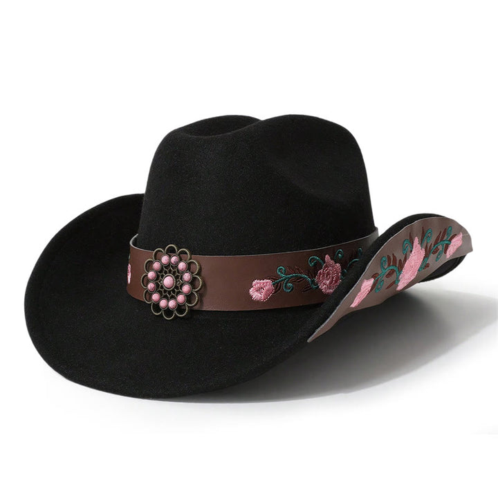 Sombrero vaquero para hombre con bordado de rosas y cinturón de ala - Negro - M (22"-22 7/8") - image 1