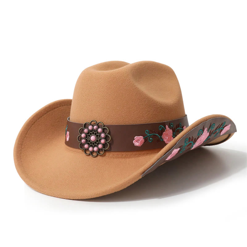 Sombrero vaquero para hombre con bordado de rosas y cinturón de ala - Caqui - M (22"-22 7/8") - image 3