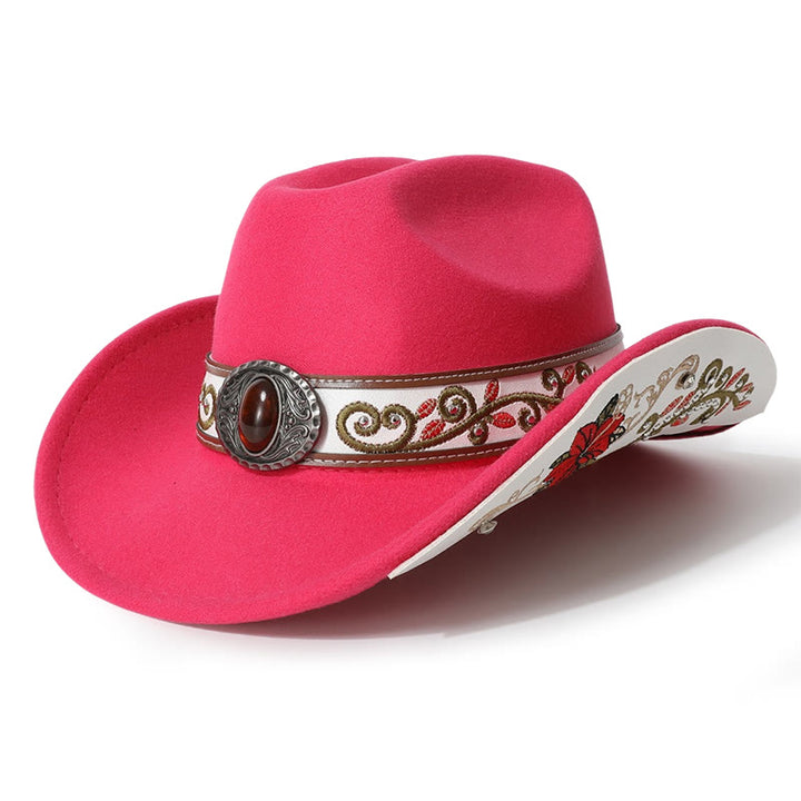 Sombrero vaquero para hombre con cinturón de ala rubí bordado con flores - Rosa - M (22"-22 7/8") - image 1
