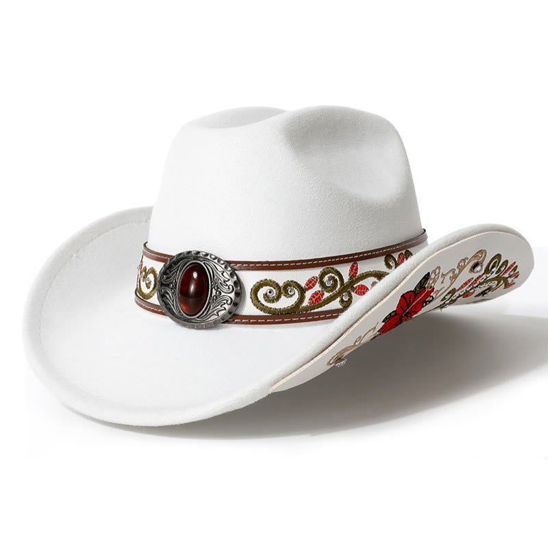 Sombrero vaquero para hombre con cinturón de ala rubí bordado con flores - Blanco - M (22"-22 7/8") - image 7