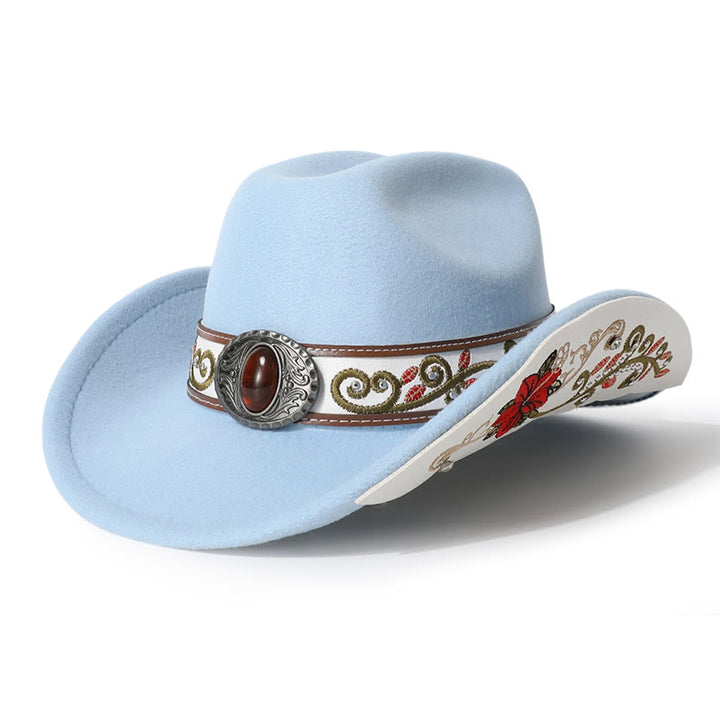 Sombrero vaquero para hombre con cinturón de ala rubí bordado con flores - Azul cielo - M (22"-22 7/8") - image 2
