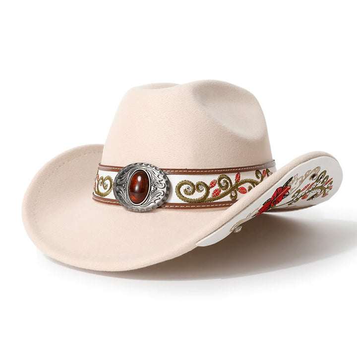 Sombrero vaquero para hombre con cinturón de ala rubí bordado con flores - Beige - M (22"-22 7/8") - image 6