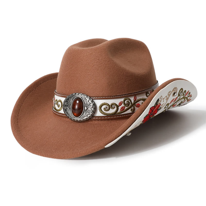 Sombrero vaquero para hombre con cinturón de ala rubí bordado con flores - Marrón - M (22"-22 7/8") - image 5