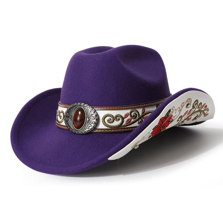 Sombrero vaquero para hombre con cinturón de ala rubí bordado con flores - Púrpura - M (22"-22 7/8") - image 3
