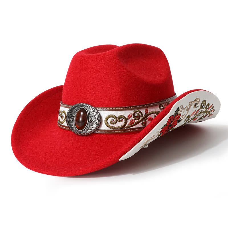 Sombrero vaquero para hombre con cinturón de ala rubí bordado con flores - Rojo - M (22"-22 7/8") - image 0